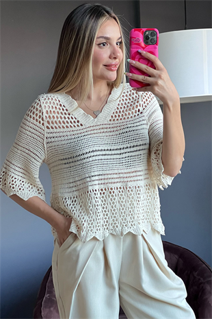 Yarım kol fileli tasarım triko