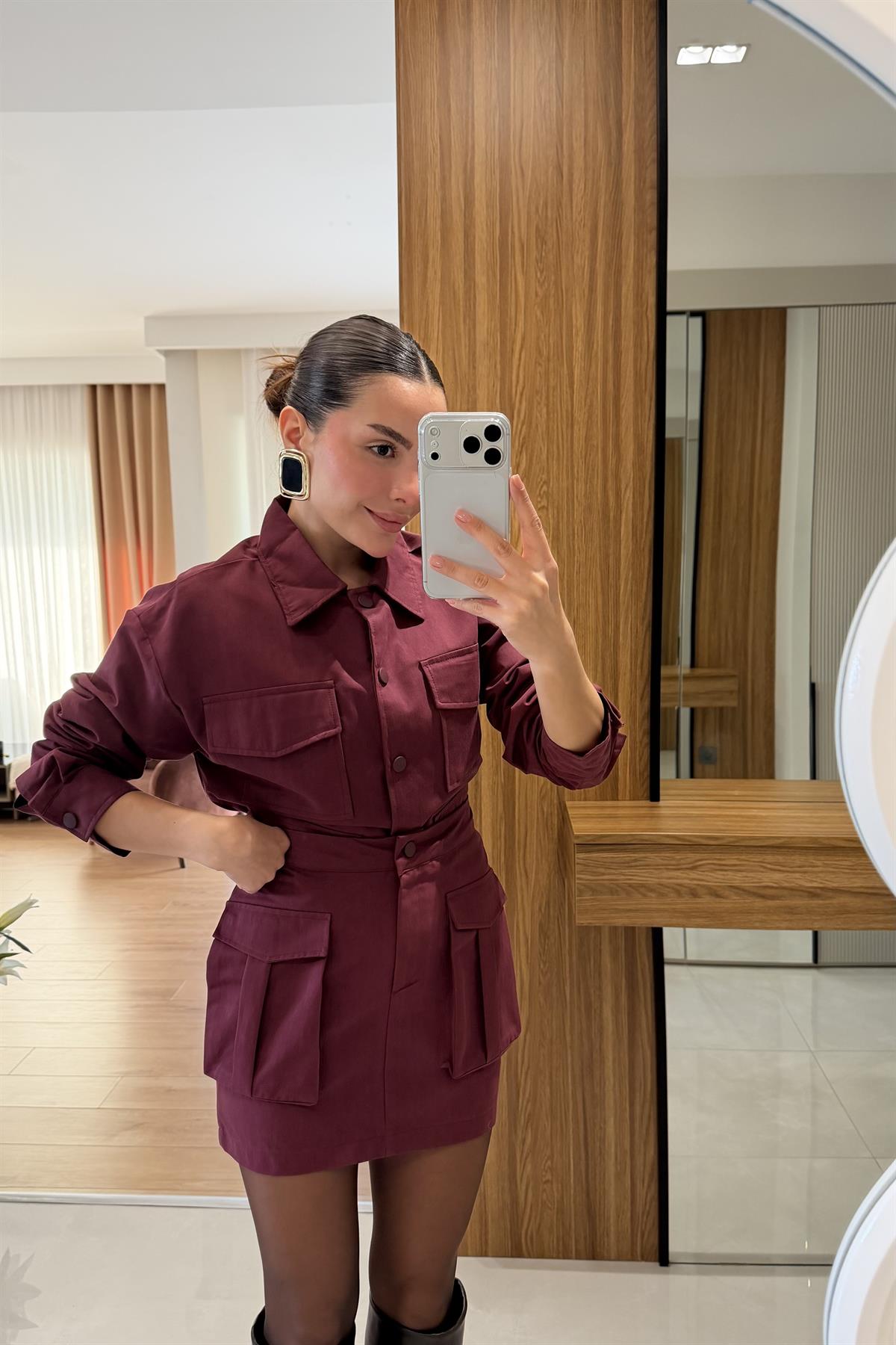 Yesenia Bordo Gabardin Tensel Cepli Takım