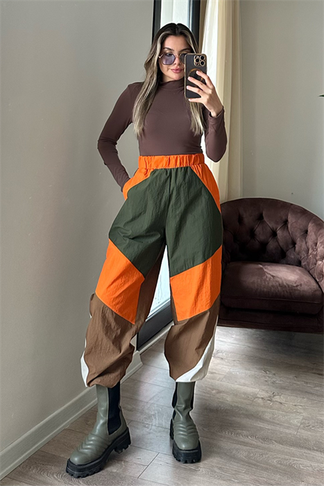Yeşil kahve paraşüt kumaş şalvar pantolon