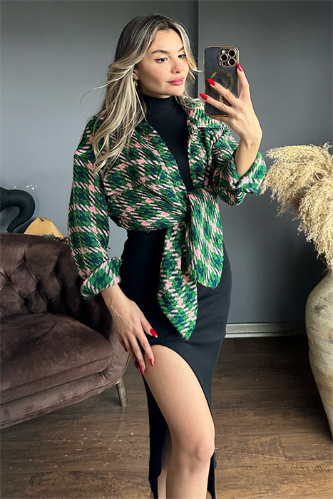 Yeşil pembe desenli kaşe ceket