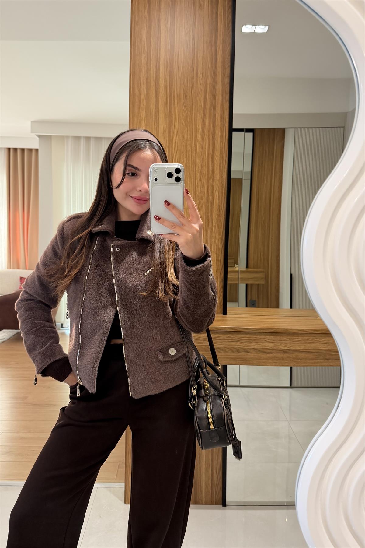 Yogie Kahve Dokulu Biker Ceket