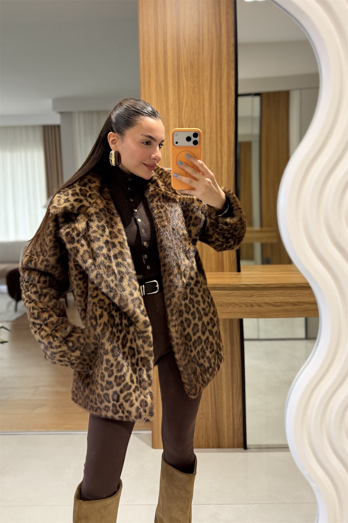 Yolanda Kahve Leopar Yakalı Kürk 