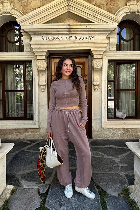 Yoshimo Yıkama Kahve Eşofman Takım 