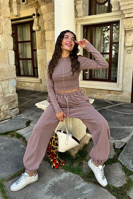 Yoshimo Yıkama Kahve Eşofman Takım 