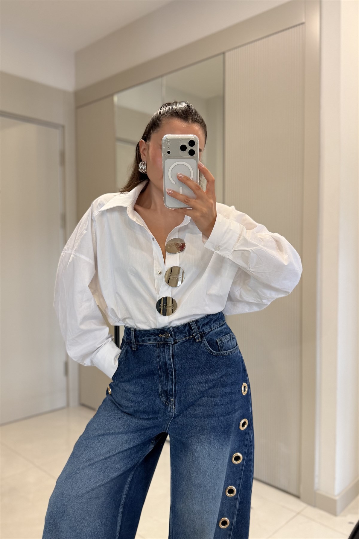 Corner Midblue Gold Halka Detaylı Wide Leg Jean