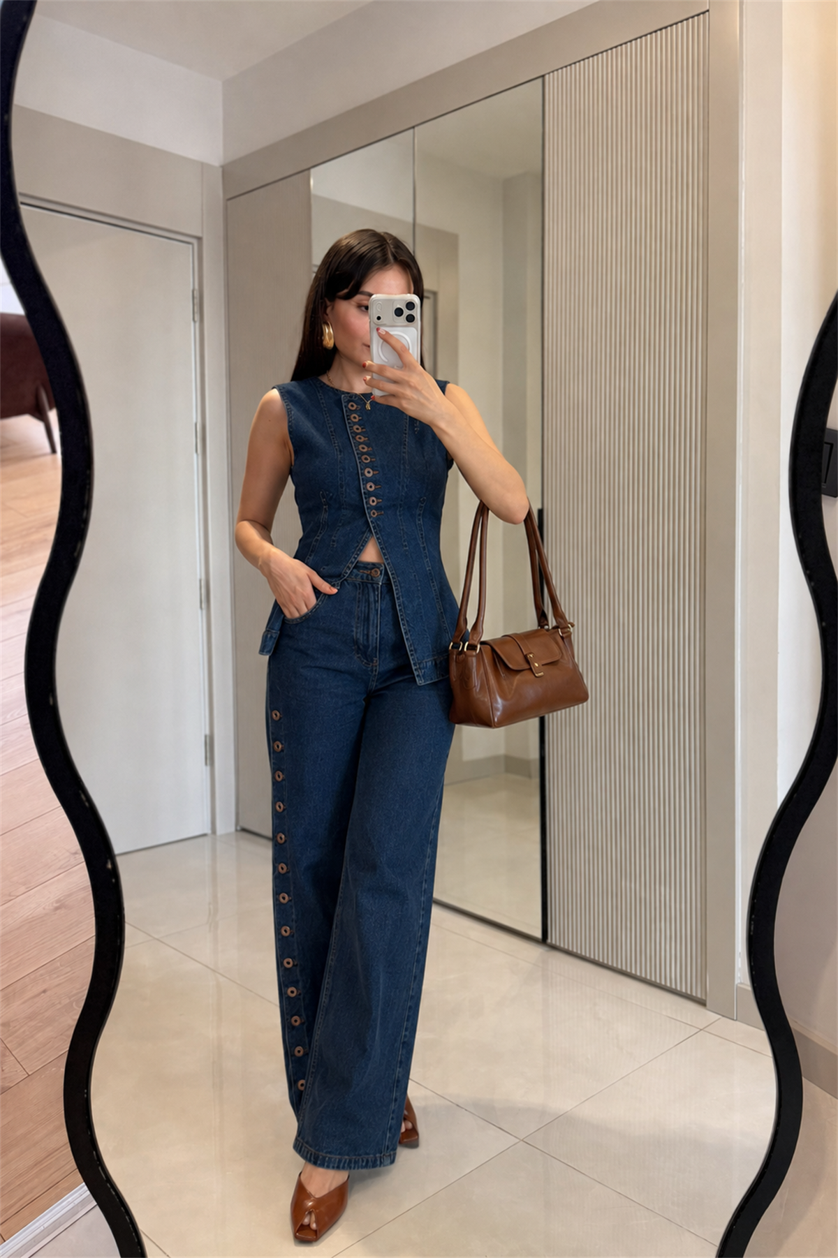 Yuanne Düğme Detaylı Denim Takım