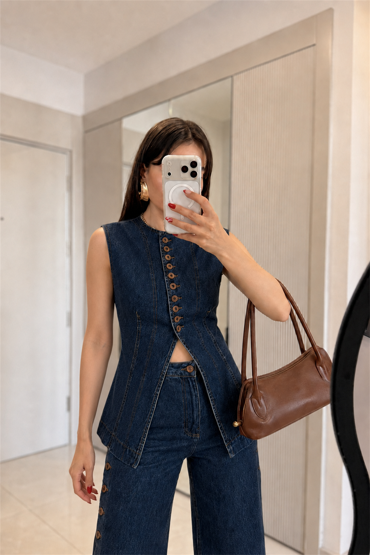 Yuanne Düğme Detaylı Denim Takım