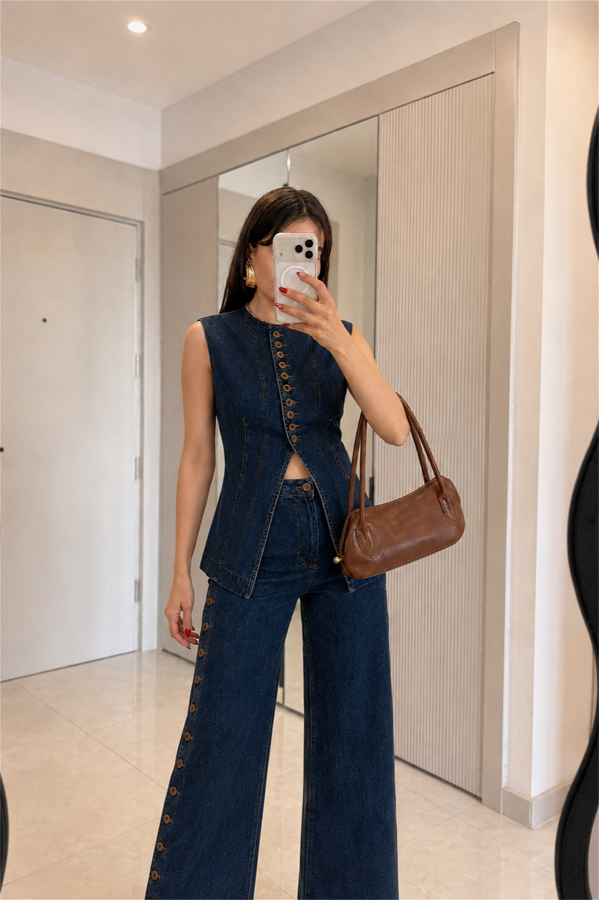 Yuanne Düğme Detaylı Denim Takım