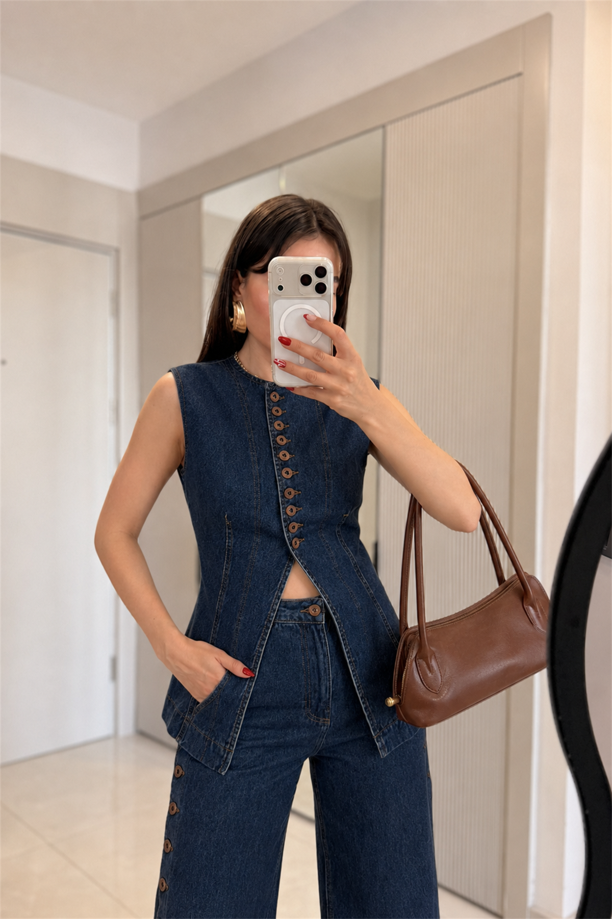 Yuanne Düğme Detaylı Denim Takım