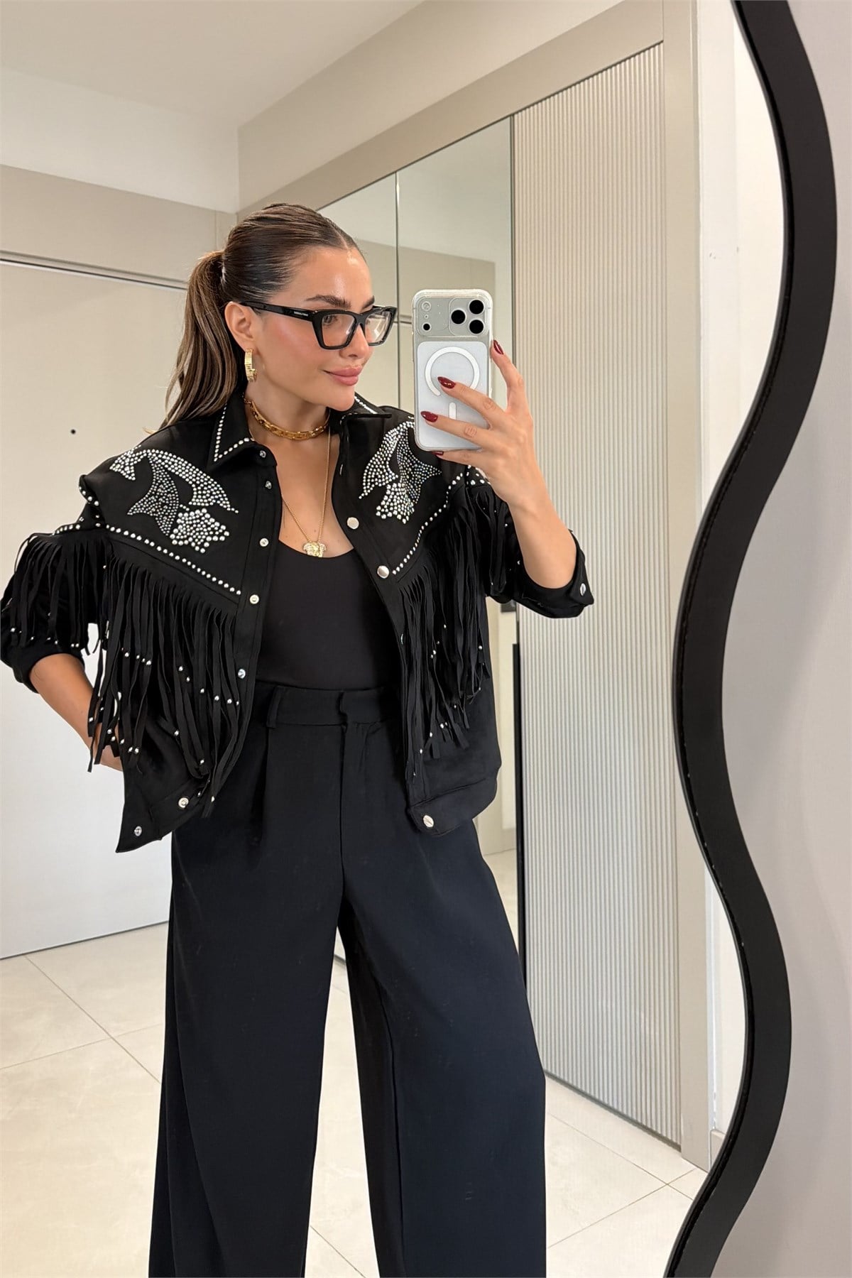 Yuliana Siyah Taş İşlemeli Püsküllü Tasarım Ceket