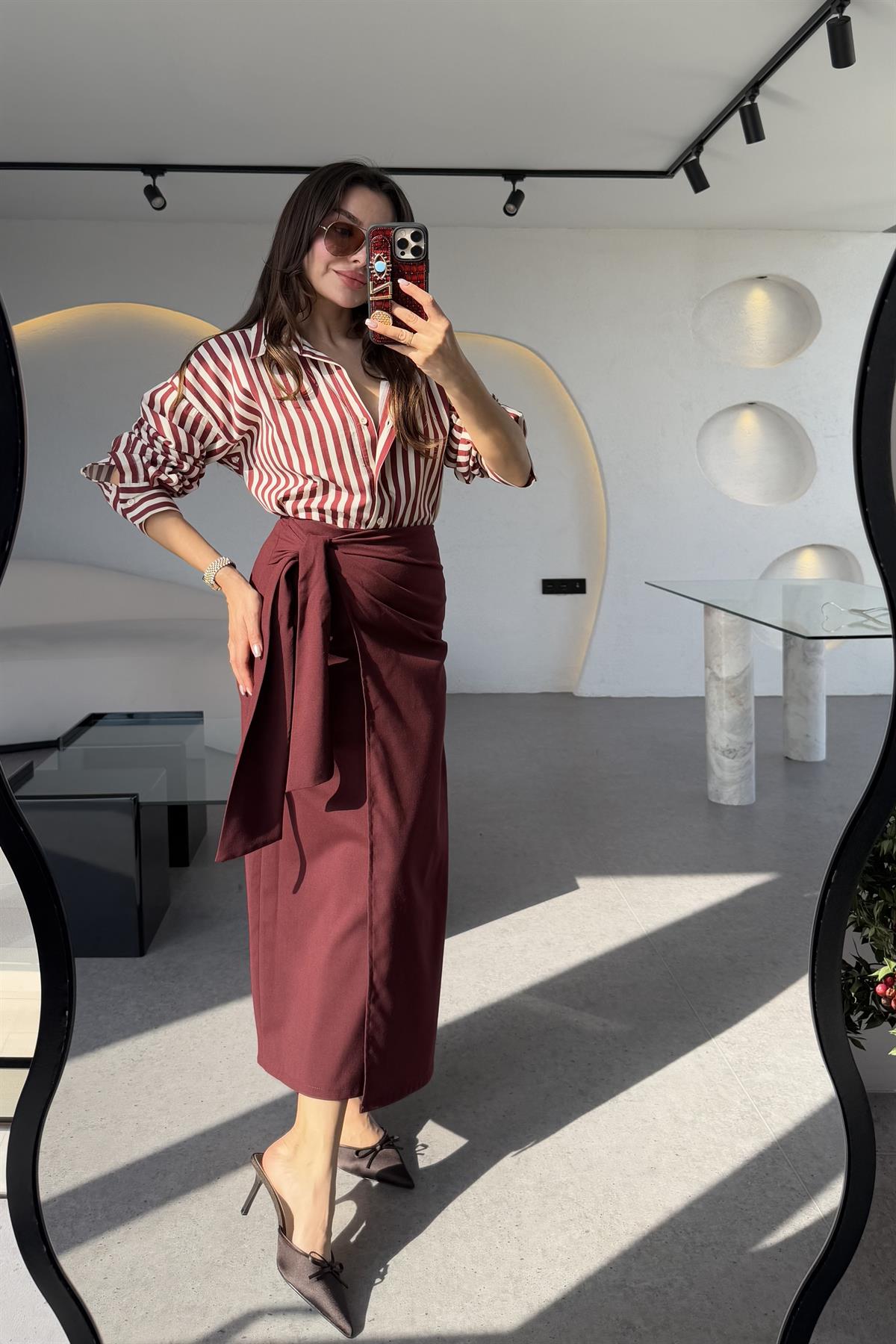 Yverdon Bordo Yandan Bağlamalı Midi Etek 