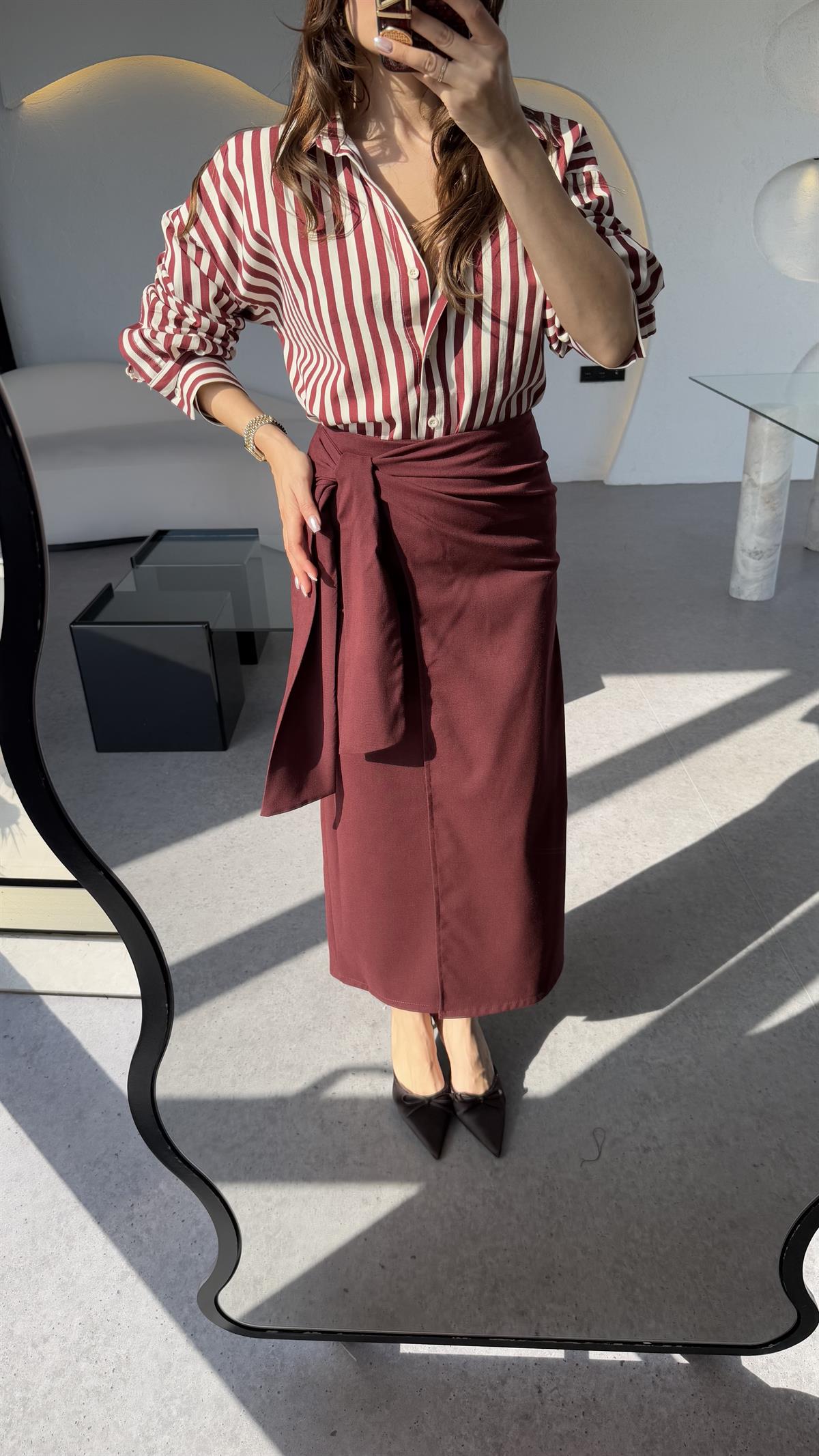 Yverdon Bordo Yandan Bağlamalı Midi Etek 