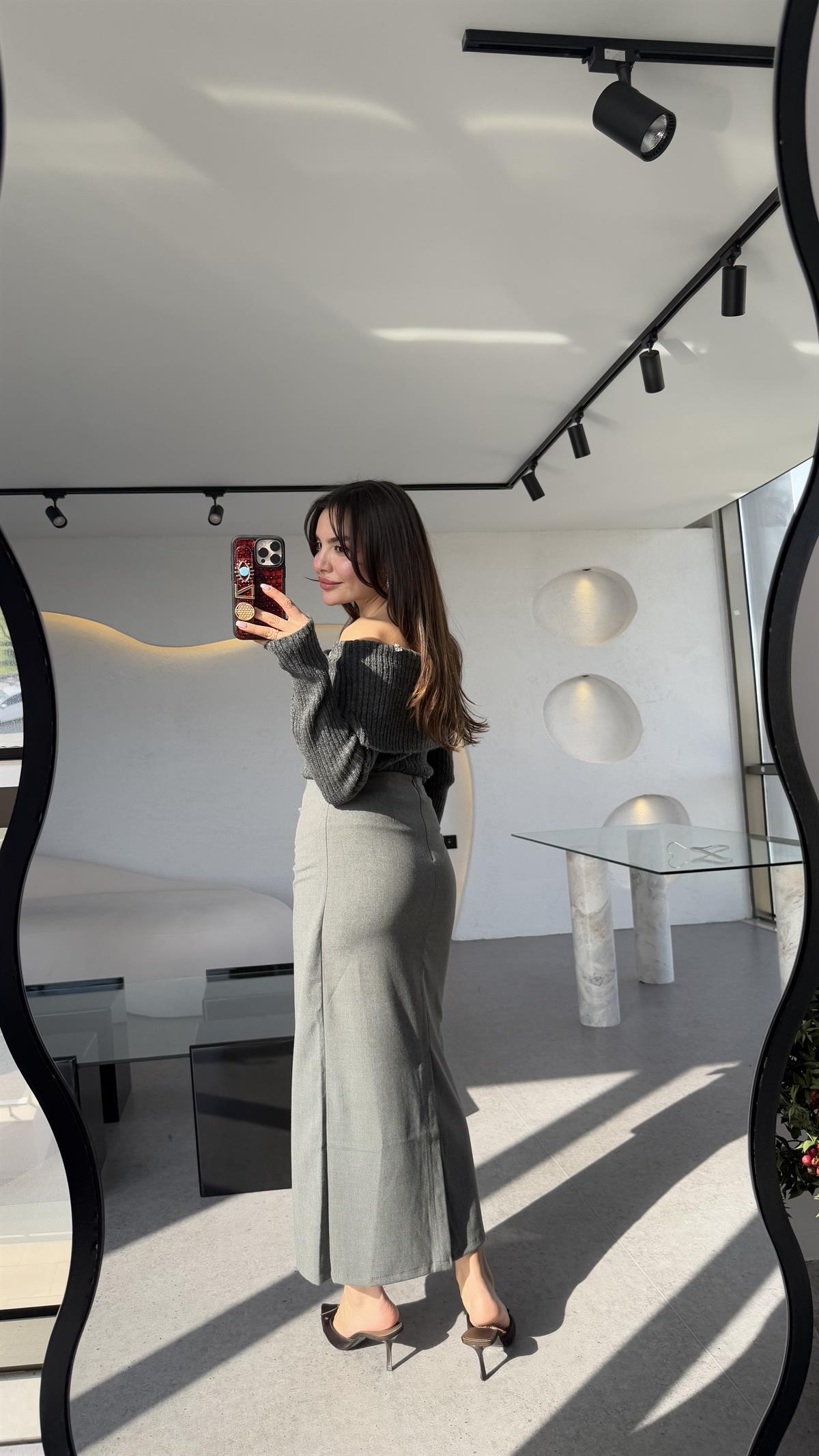 Yverdon Gri Yandan Bağlamalı Midi Etek 