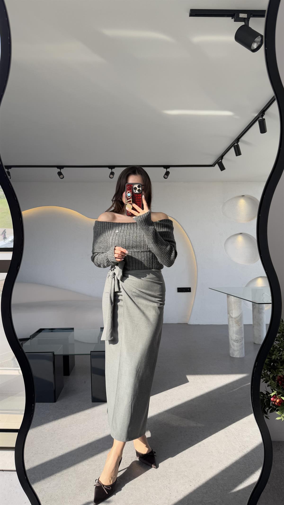 Yverdon Gri Yandan Bağlamalı Midi Etek 