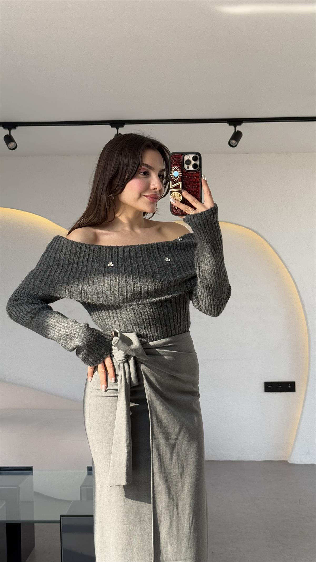 Yverdon Gri Yandan Bağlamalı Midi Etek 