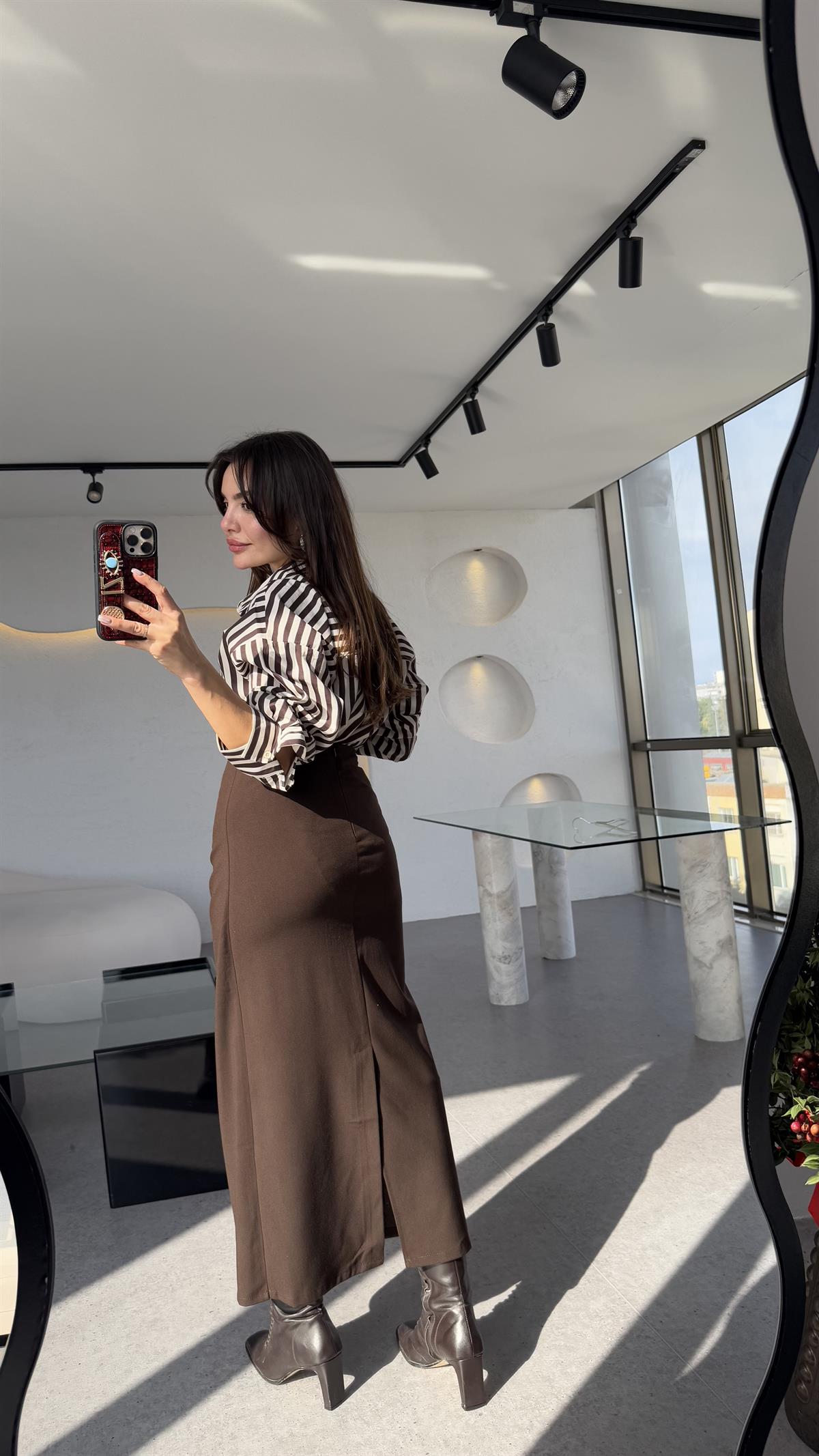 Yverdon Kahve Yandan Bağlamalı Midi Etek 