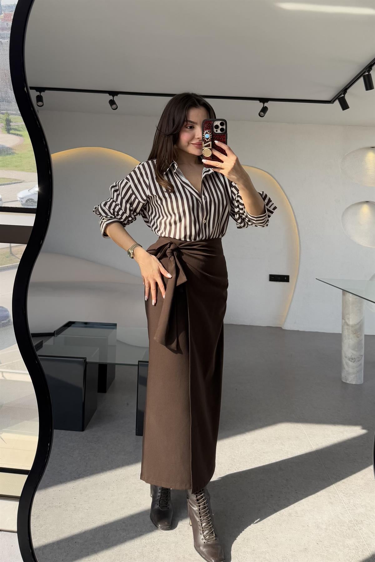 Yverdon Kahve Yandan Bağlamalı Midi Etek 