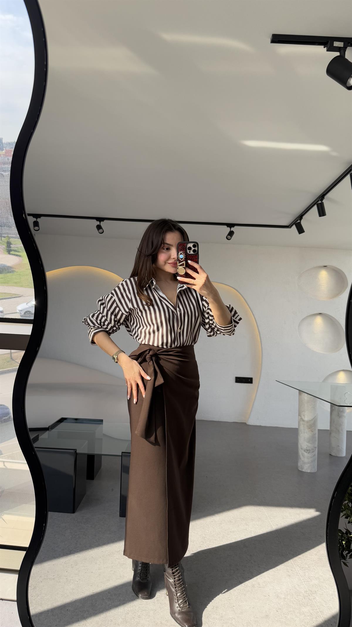 Yverdon Kahve Yandan Bağlamalı Midi Etek 