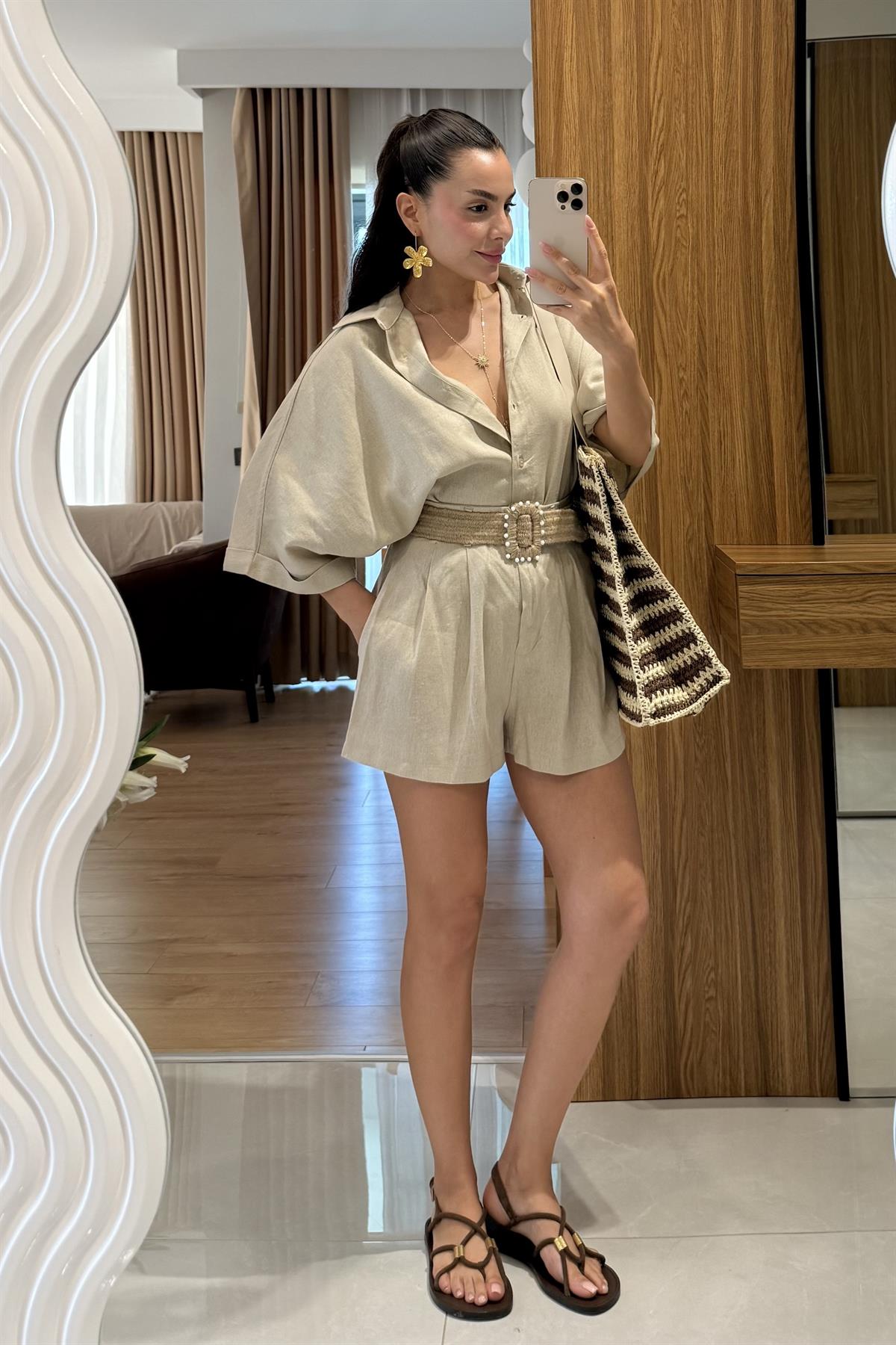 Zavina Taş Kemerli Ham Keten Takım