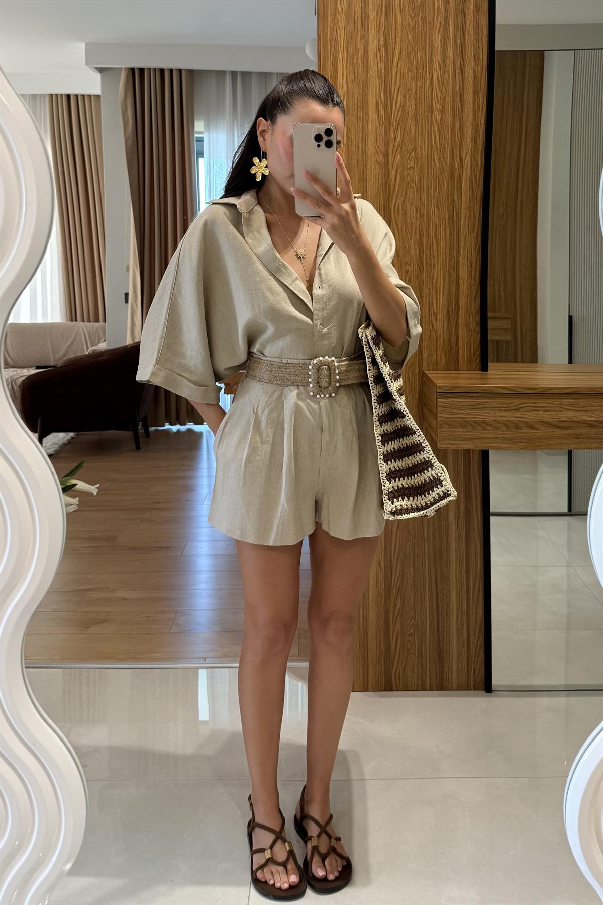 Zavina Taş Kemerli Ham Keten Takım