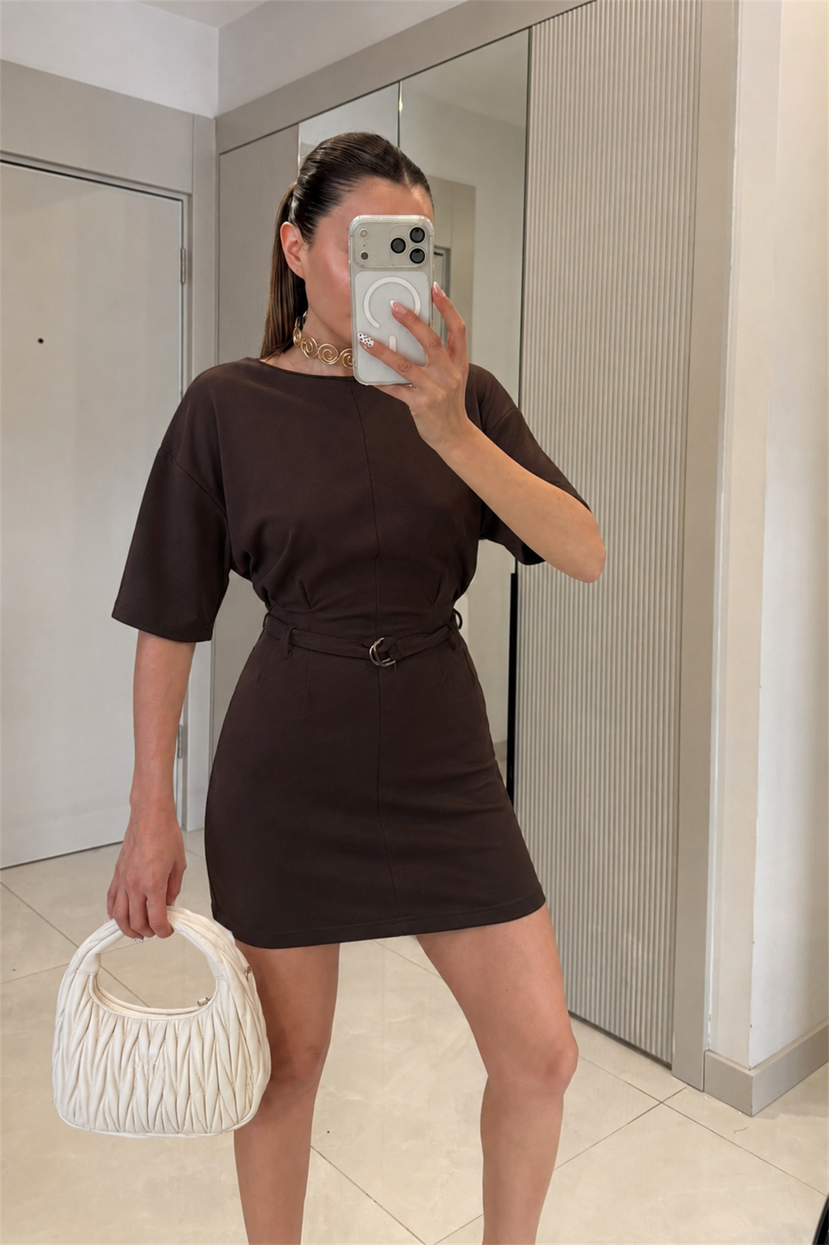 Zayan Koyu Kahve Kemerli Mini Elbise