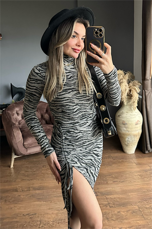 Zebra desen büzgülü elbise