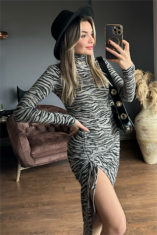 Zebra desen büzgülü elbise