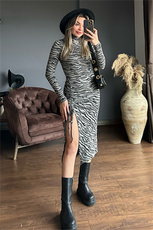 Zebra desen büzgülü elbise