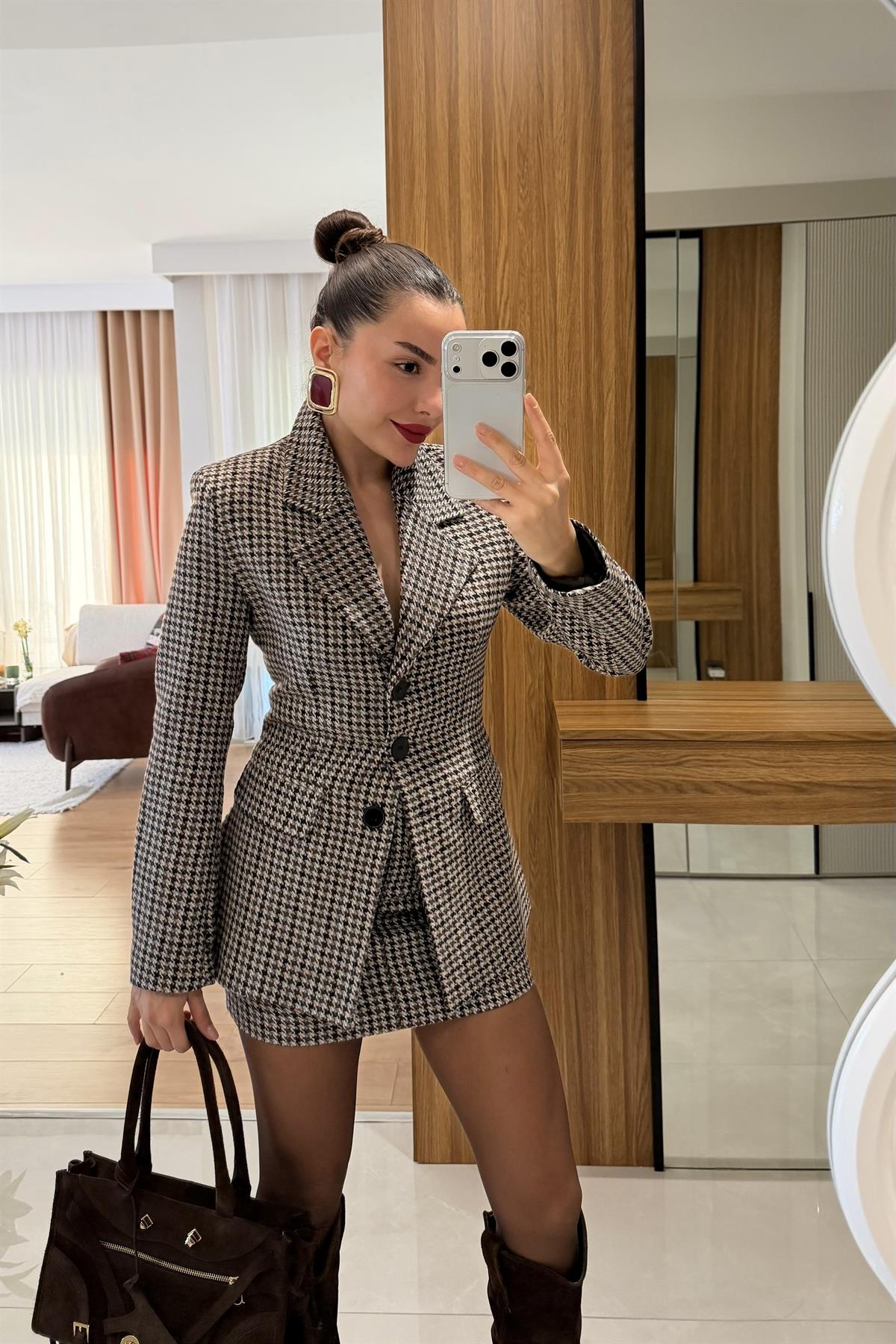 Zeina Kahve Blazer Etek Tüvit Takım