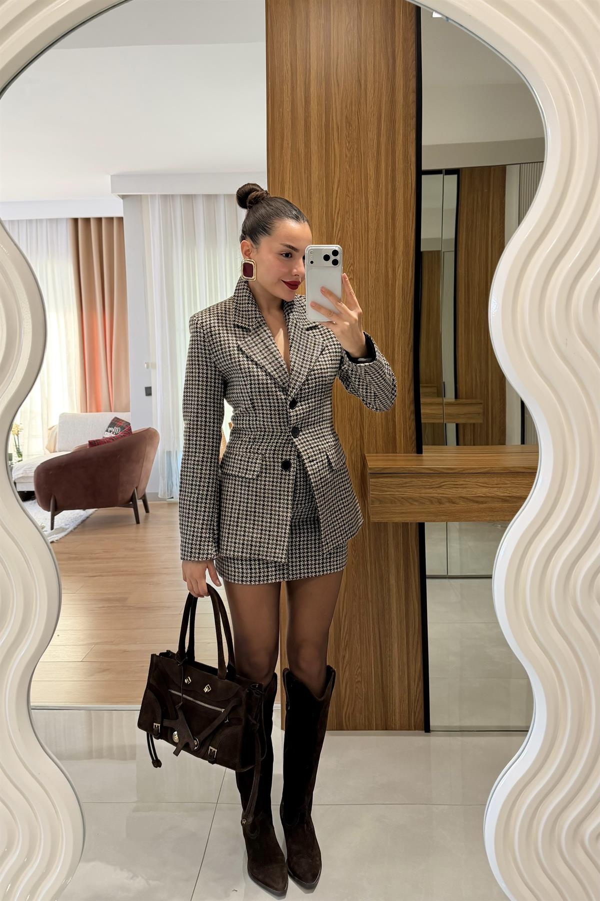 Zeina Kahve Blazer Etek Tüvit Takım