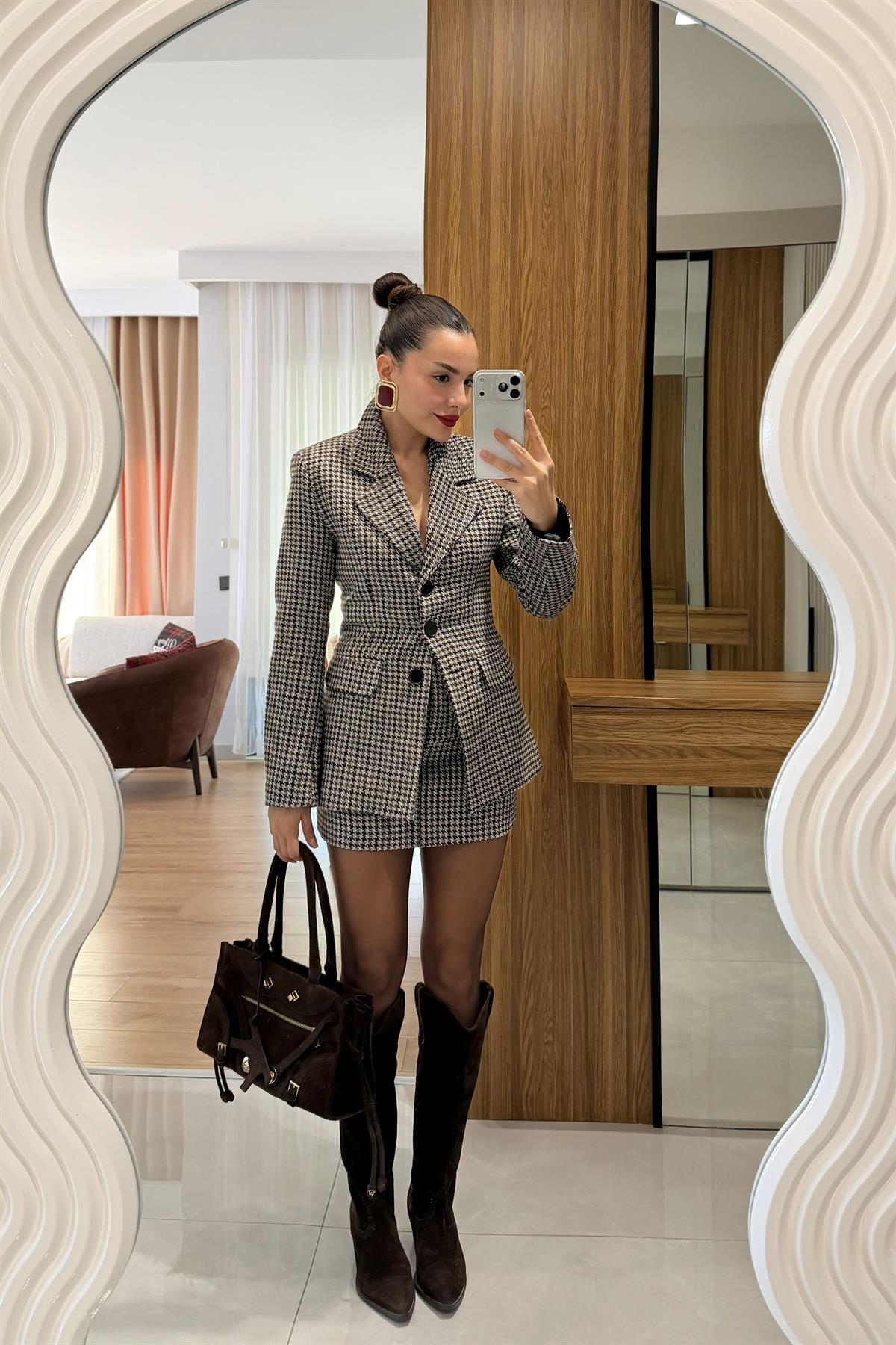 Zeina Kahve Blazer Etek Tüvit Takım