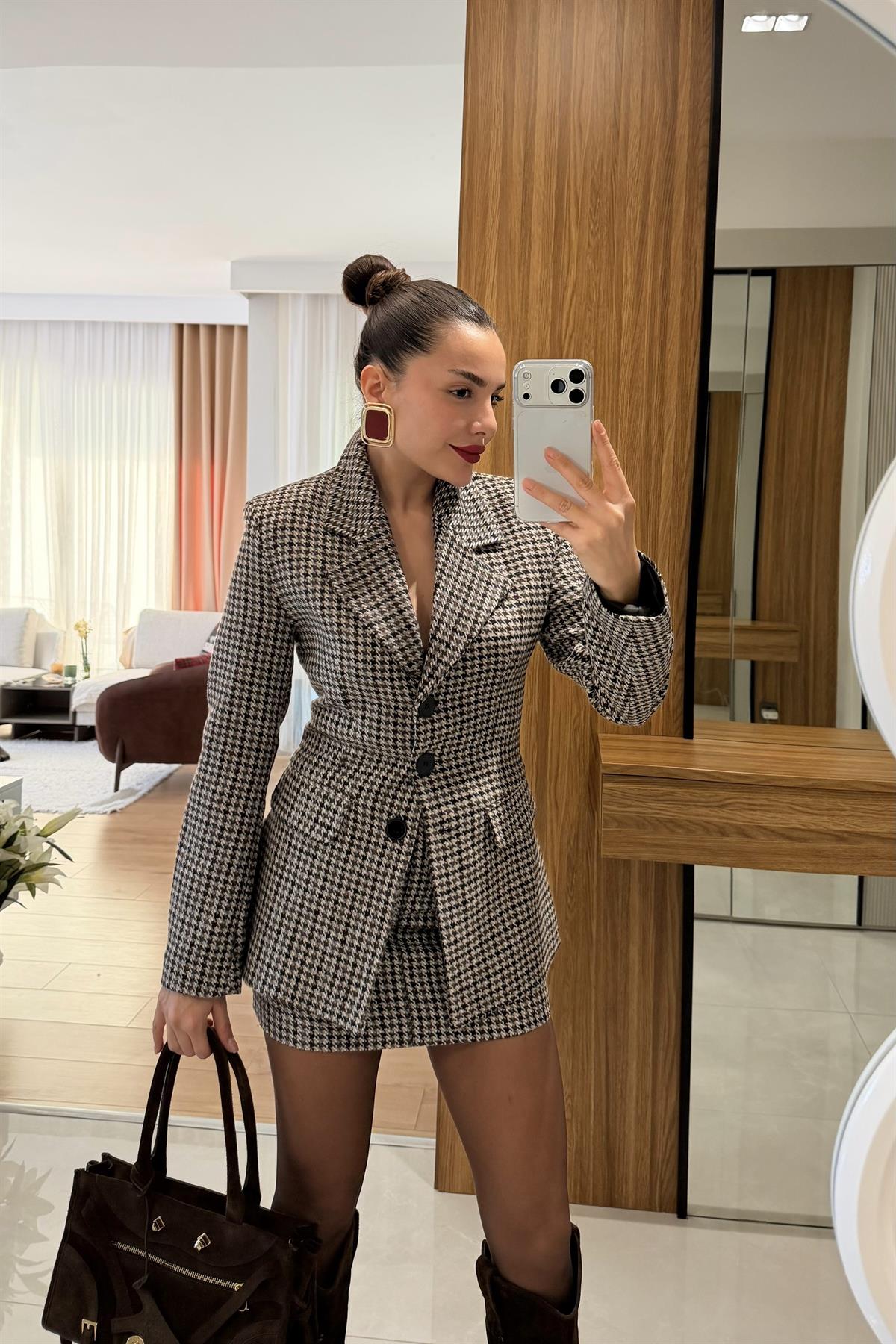 Zeina Kahve Blazer Etek Tüvit Takım