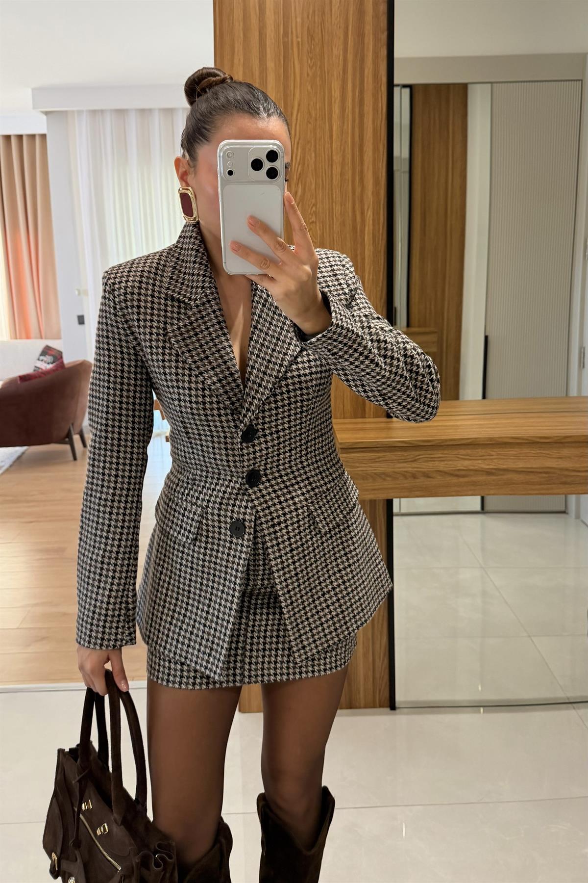 Zeina Kahve Blazer Etek Tüvit Takım