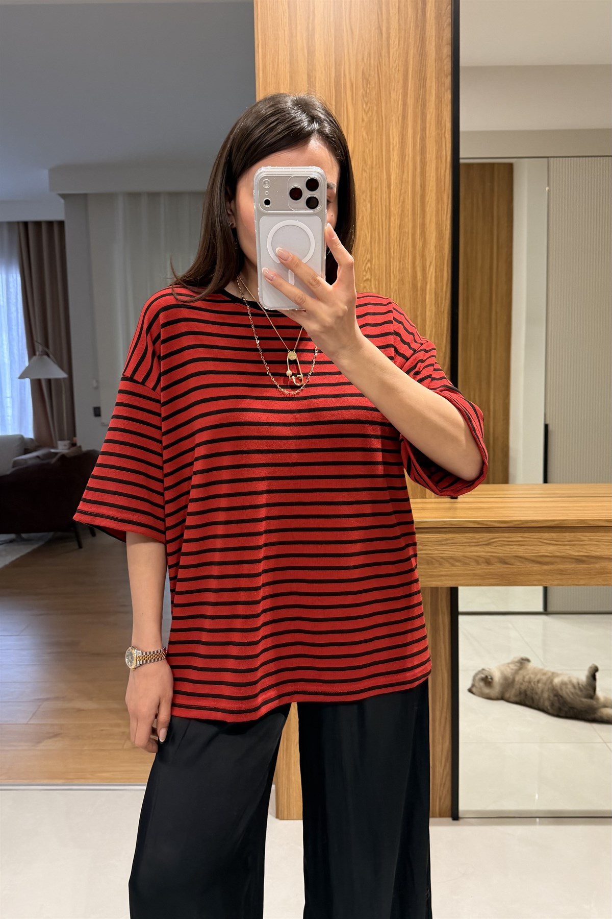 Zelda Kırmızı Çizgili Oversize Tshirt
