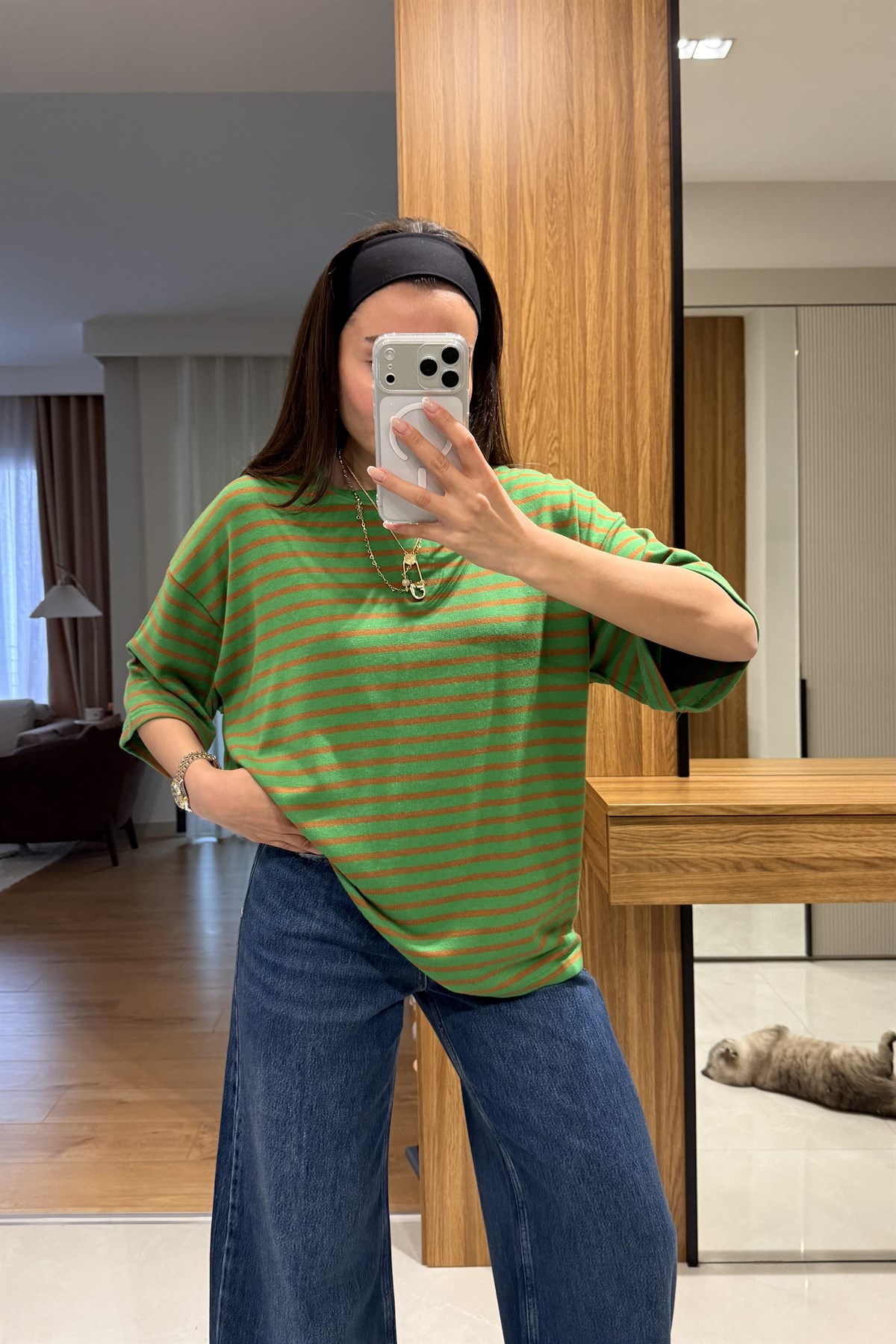 Zelda Yeşil Çizgili Oversize Tshirt