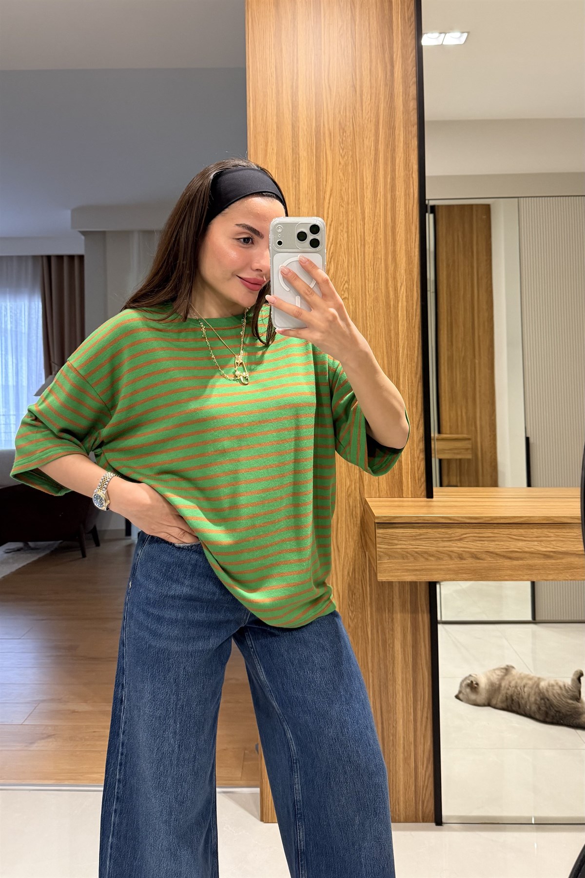 Zelda Yeşil Çizgili Oversize Tshirt