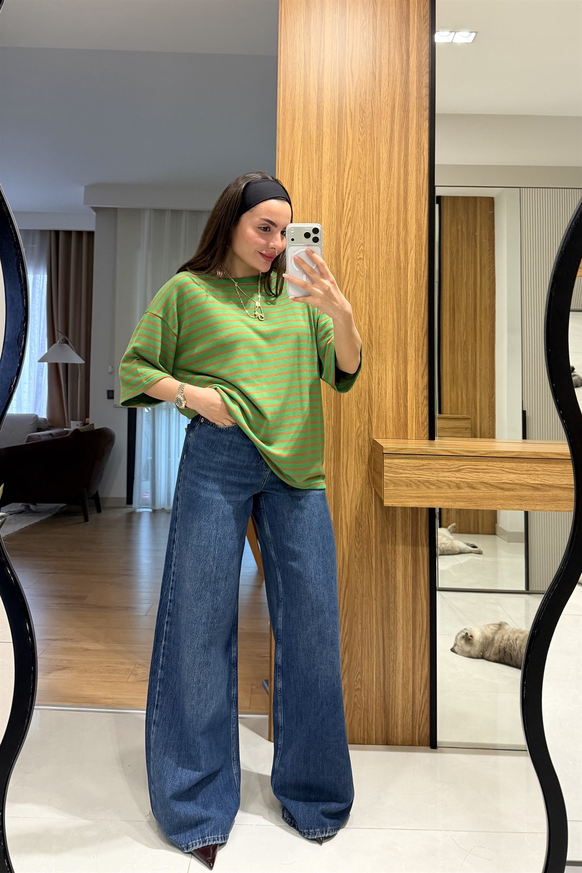 Zelda Yeşil Çizgili Oversize Tshirt