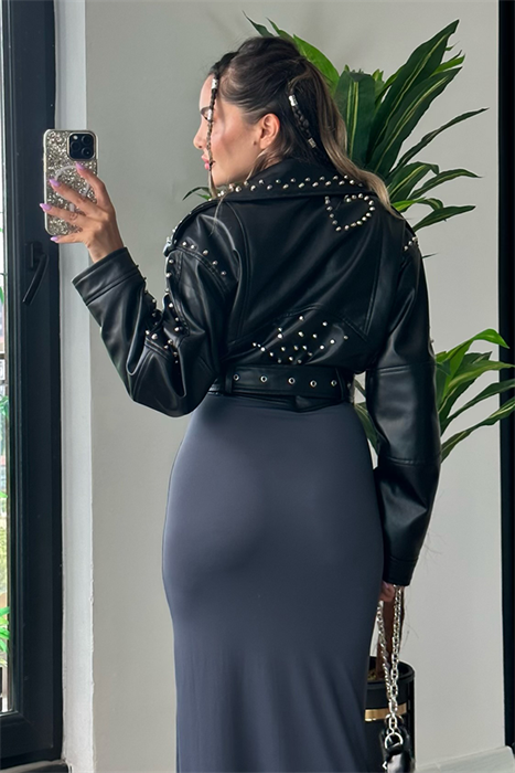 Zımba detaylı tasarım deri ceket