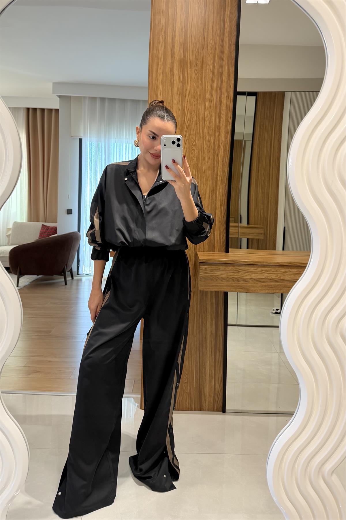 Zofia Siyah Çıtçıt Detaylı Paraşüt Takım