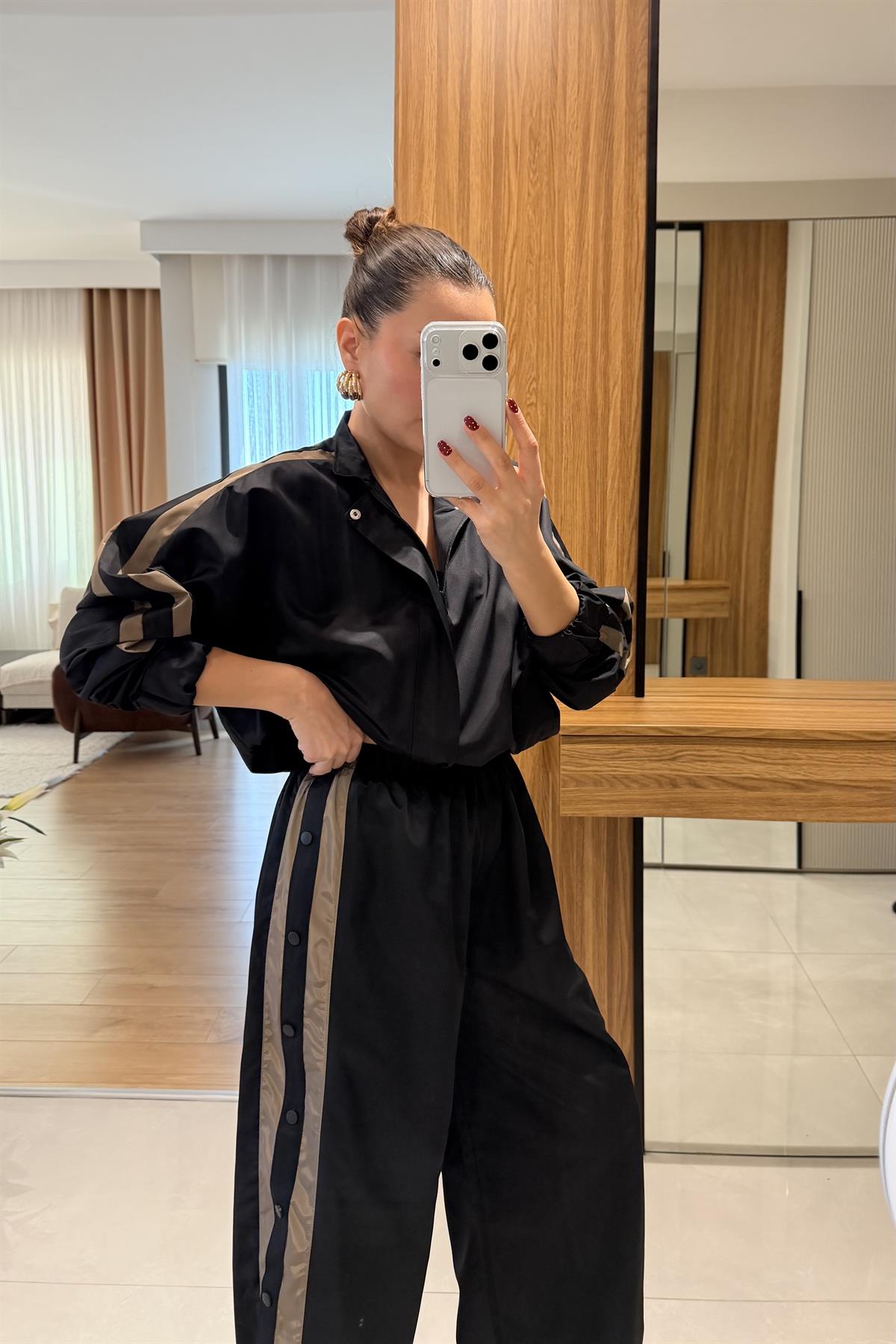 Zofia Siyah Çıtçıt Detaylı Paraşüt Takım