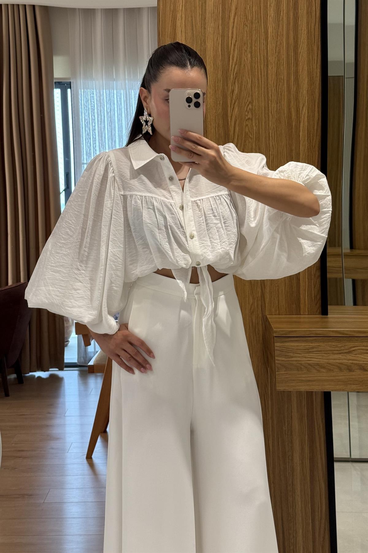 Zorfex Beyaz Balon Kol Gömlek 