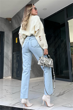 Zr iki dizi yırtıklı lightblue mom jean