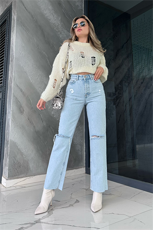 Zr iki dizi yırtıklı lightblue mom jean