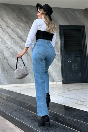 Zr iki dizi yırtıklı midblue mom jean