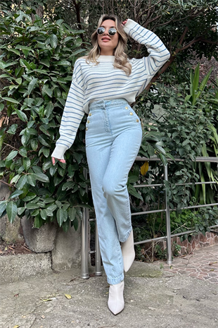 Yanları gold düğmeli mavi mom jean