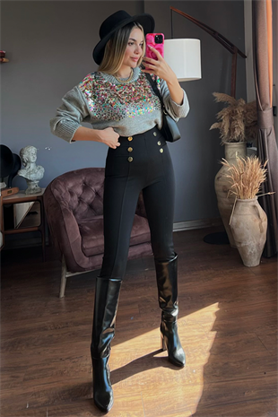 Zr model önü düğme detaylı tayt pantolon