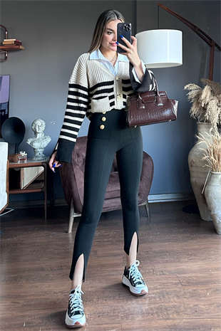 Zr model yırtmaçlı gold düğmeli tayt