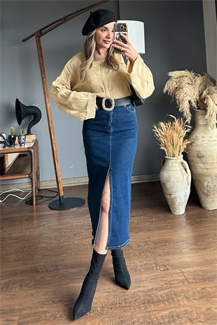 Darkblue yırtmaçlı kot kalem etek