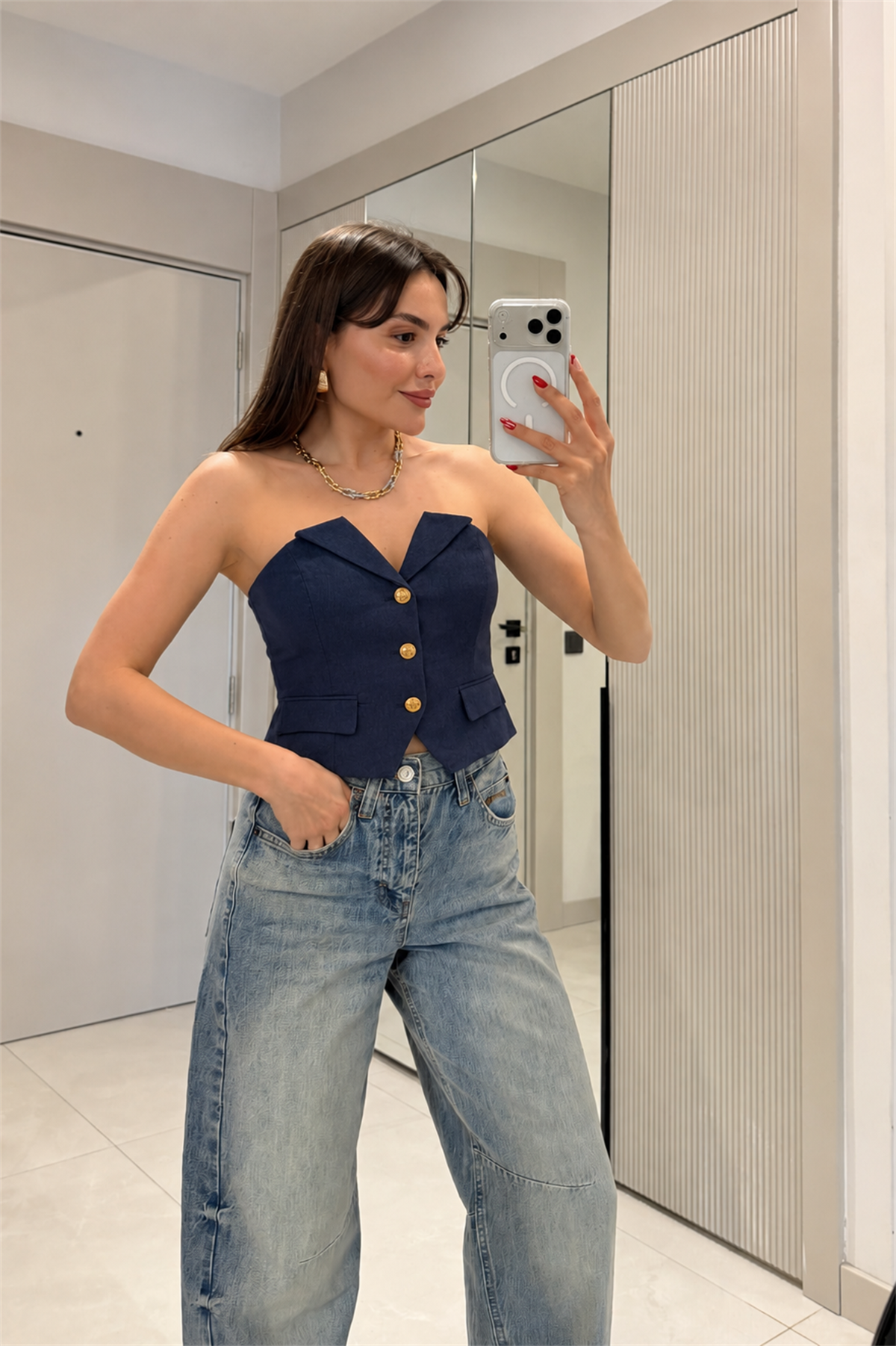 Zuzu Lacivert Gold Düğmeli Crop