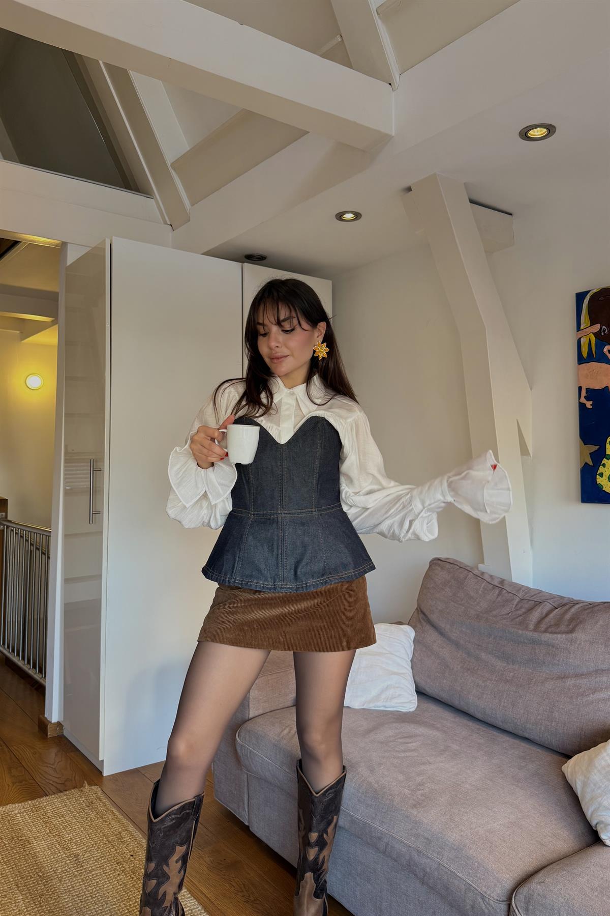 Zwolle Kalp Yaka Denim Büstiyer